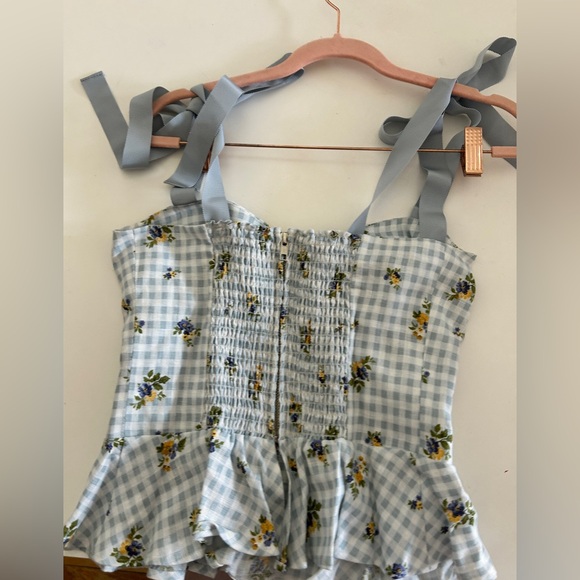 Reformation Linen Blue Gingham Floral Top - Picture 2 of 3
